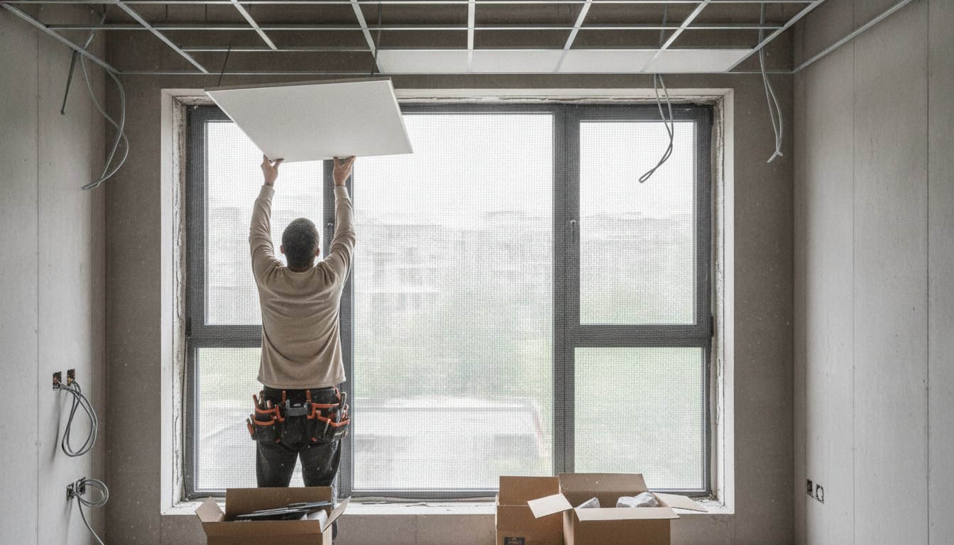 Trabalhador ajustando placa de forro no teto próximo a uma janela telada em apartamento.