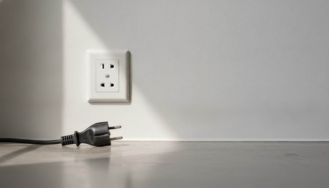 Plugue de energia preto levemente derretido posicionado ao lado de uma tomada de parede branca.