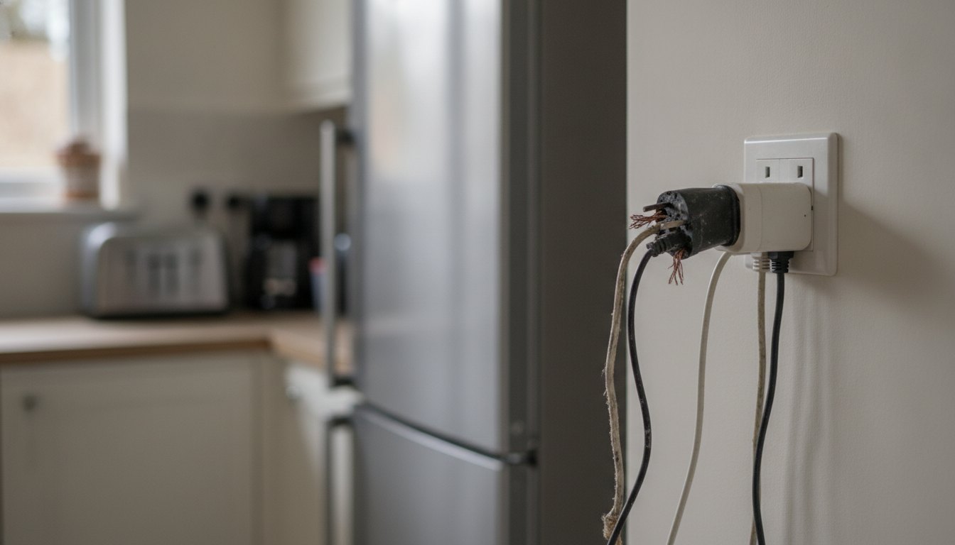Tomada derretida conectada a um adaptador de plástico com vários fios na parede de uma cozinha.