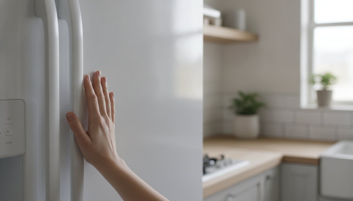Mão humana tocando a lateral metálica de uma geladeira branca em uma cozinha iluminada.