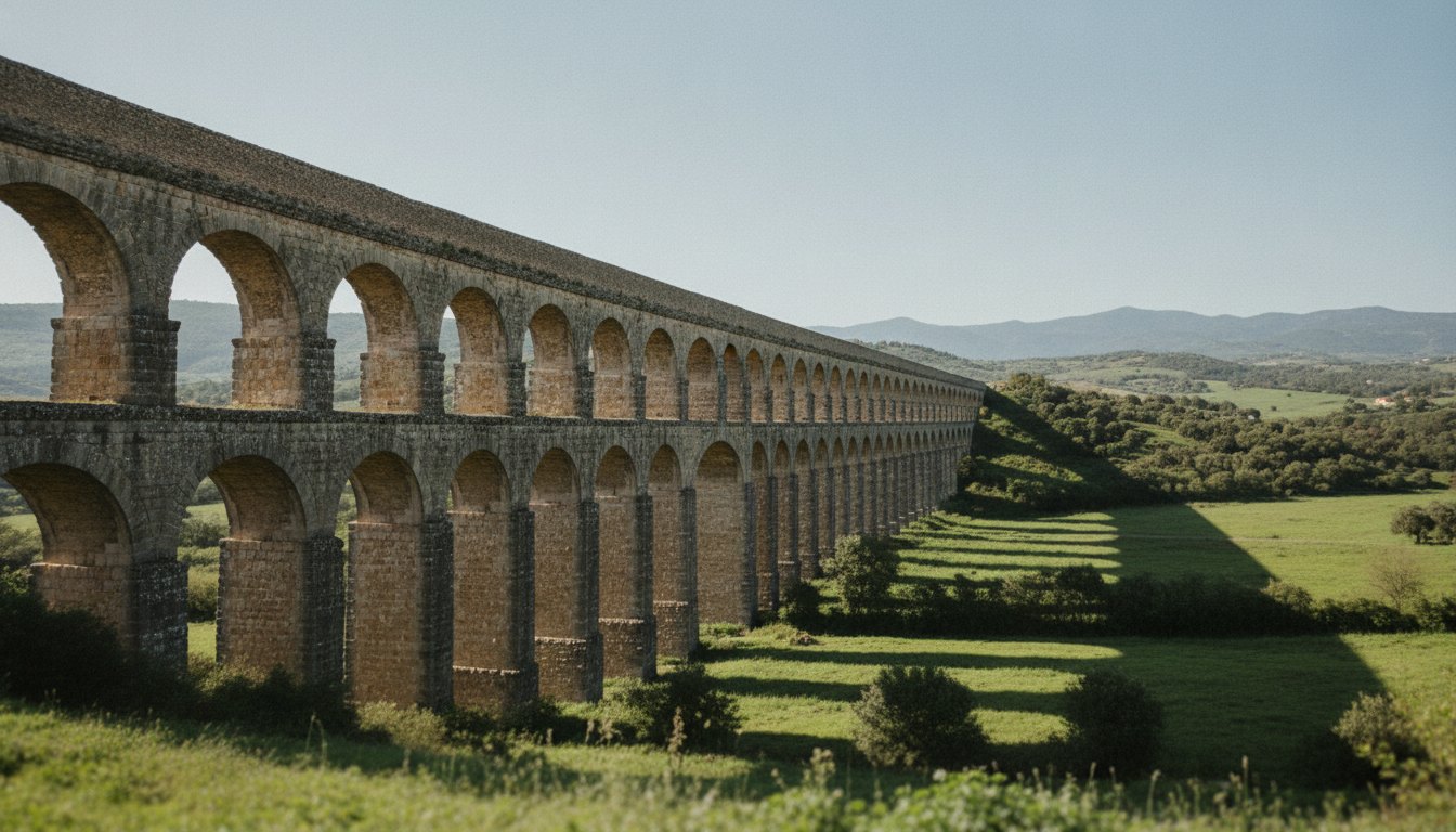 Aqueduto antigo de pedra com múltiplos arcos sobrepostos atravessando um vale verde sob céu claro.