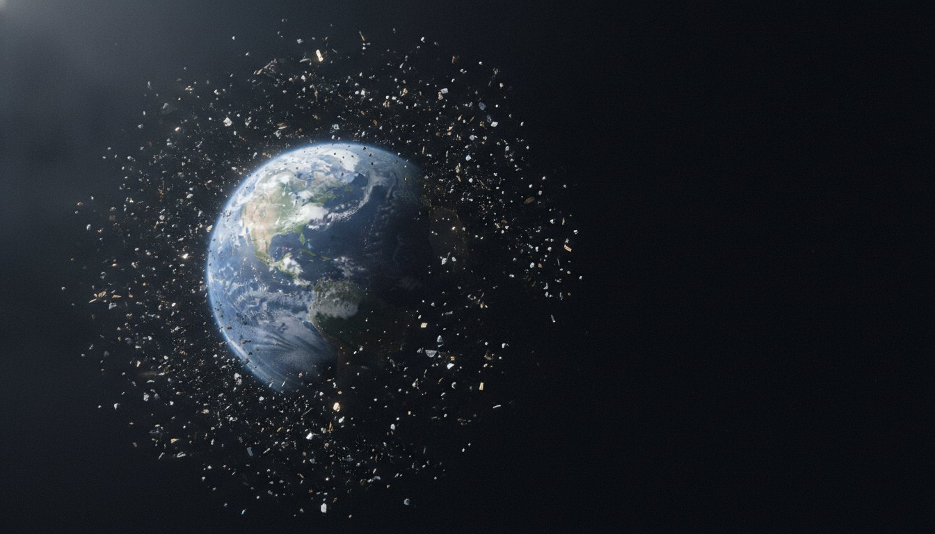 Ilustração da Terra cercada por milhares de pequenos detritos brilhantes e satélites desativados no espaço.