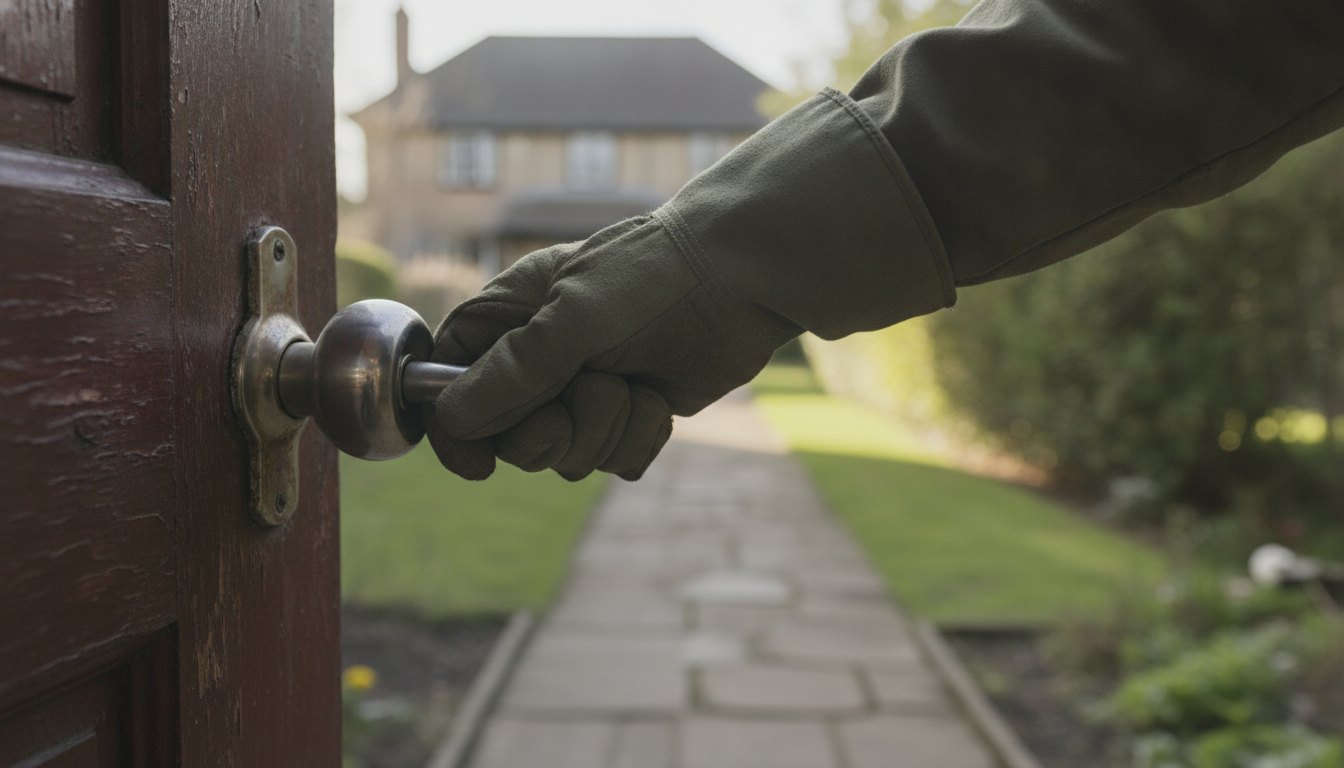 Mão segurando uma maçaneta metálica de porta externa em tentativa de abertura sem sucesso
