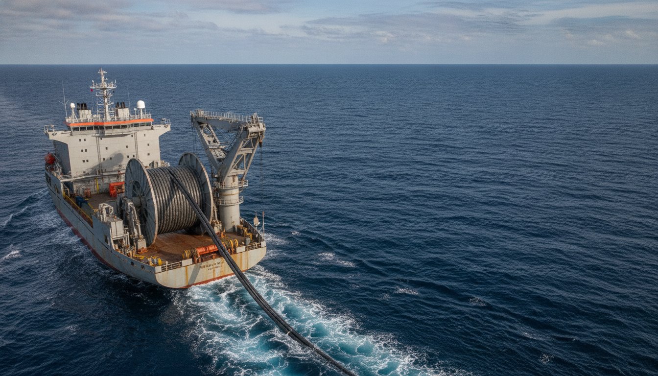 Navio especializado instalando um grosso cabo de comunicação no meio do oceano aberto.