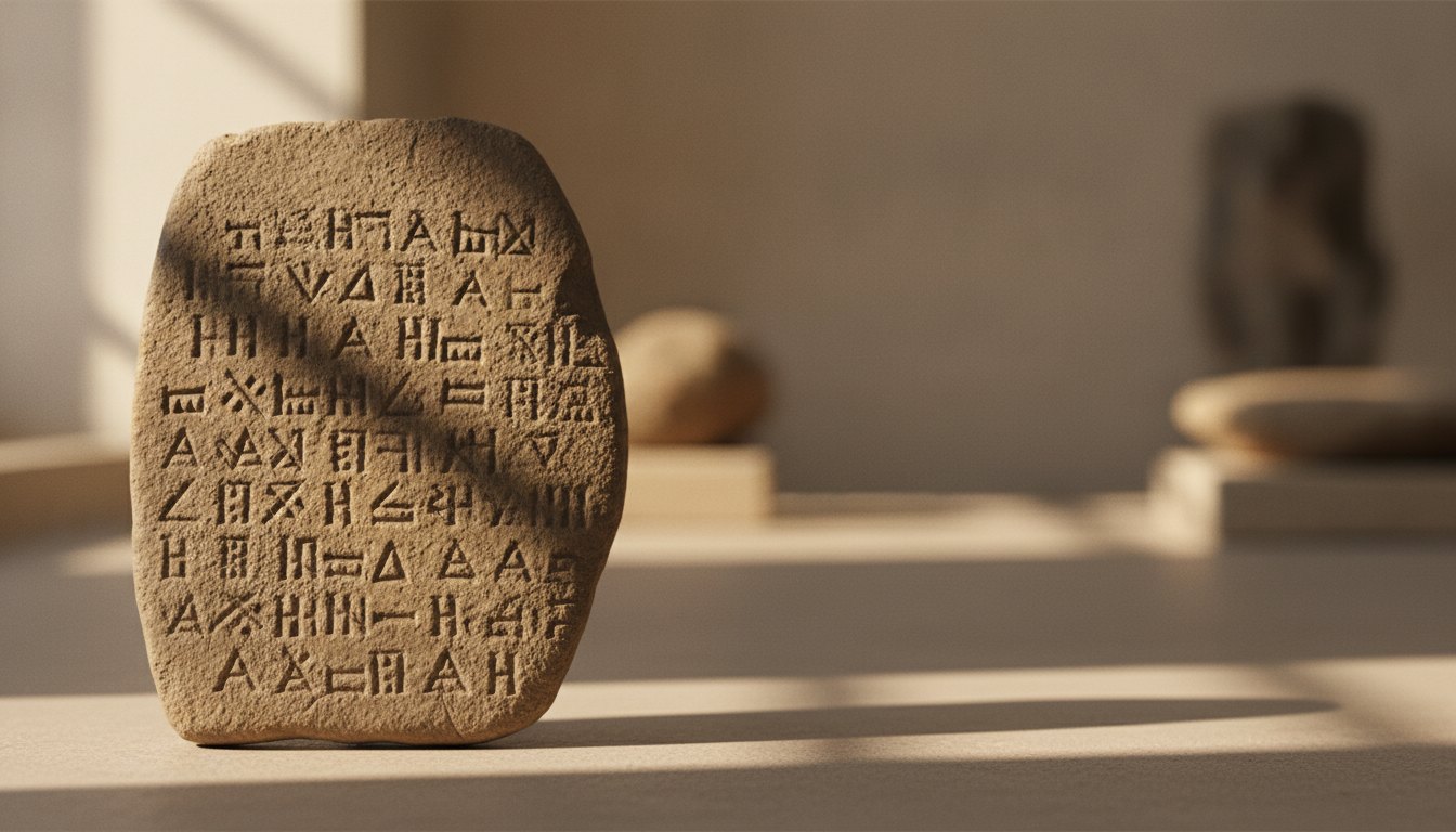Tábua de argila antiga com inscrições de símbolos cuneiformes iluminada por luz amarelada suave.
