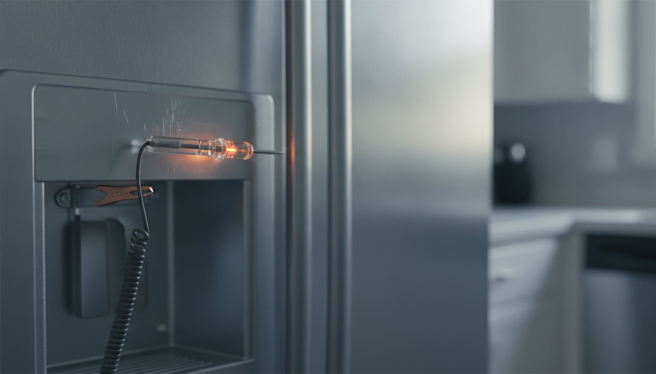 Pessoa utilizando uma chave de teste iluminada na porta metálica de uma geladeira residencial.