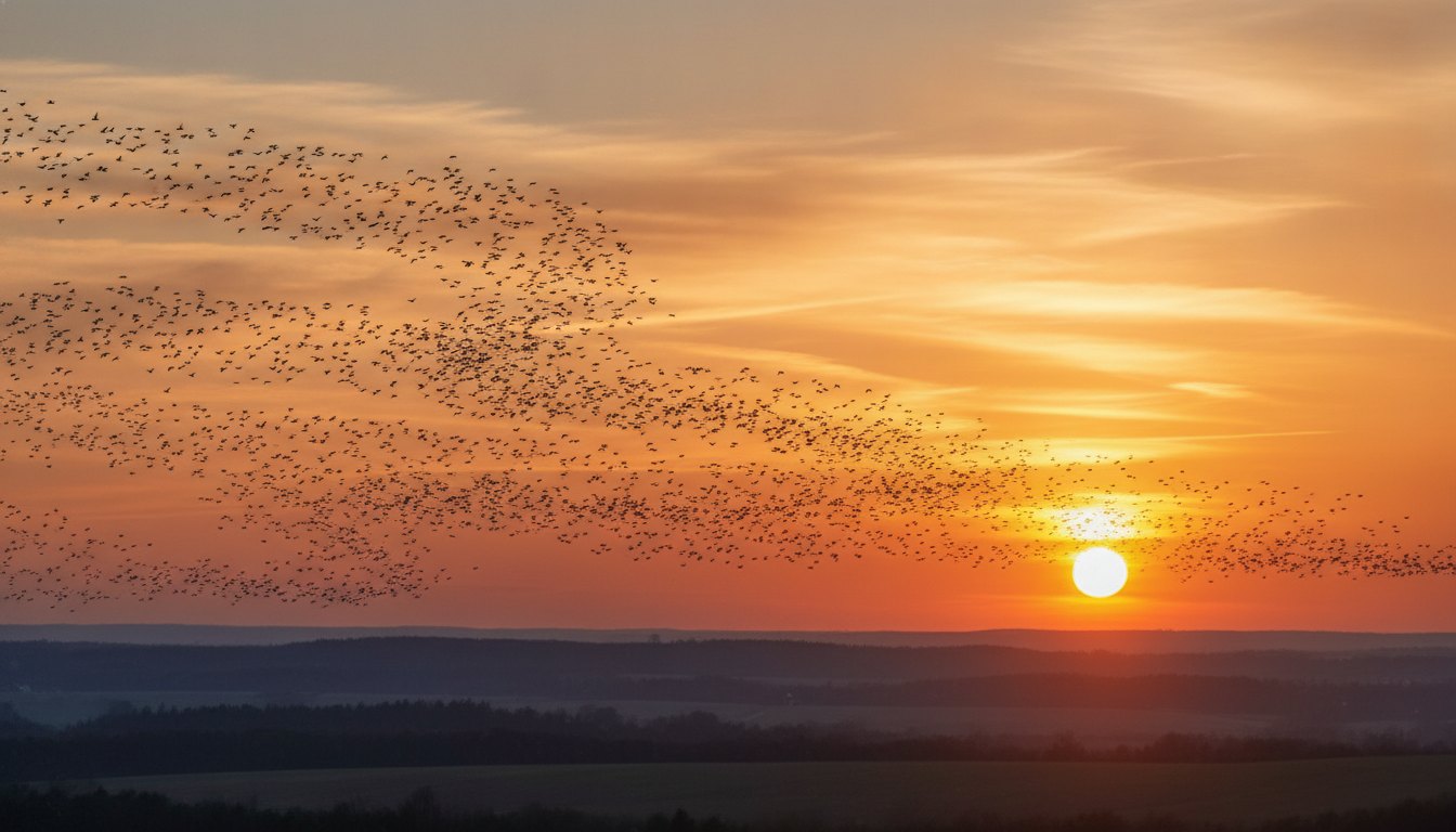 Bando de pássaros voando em formação no céu alaranjado durante o pôr do sol.