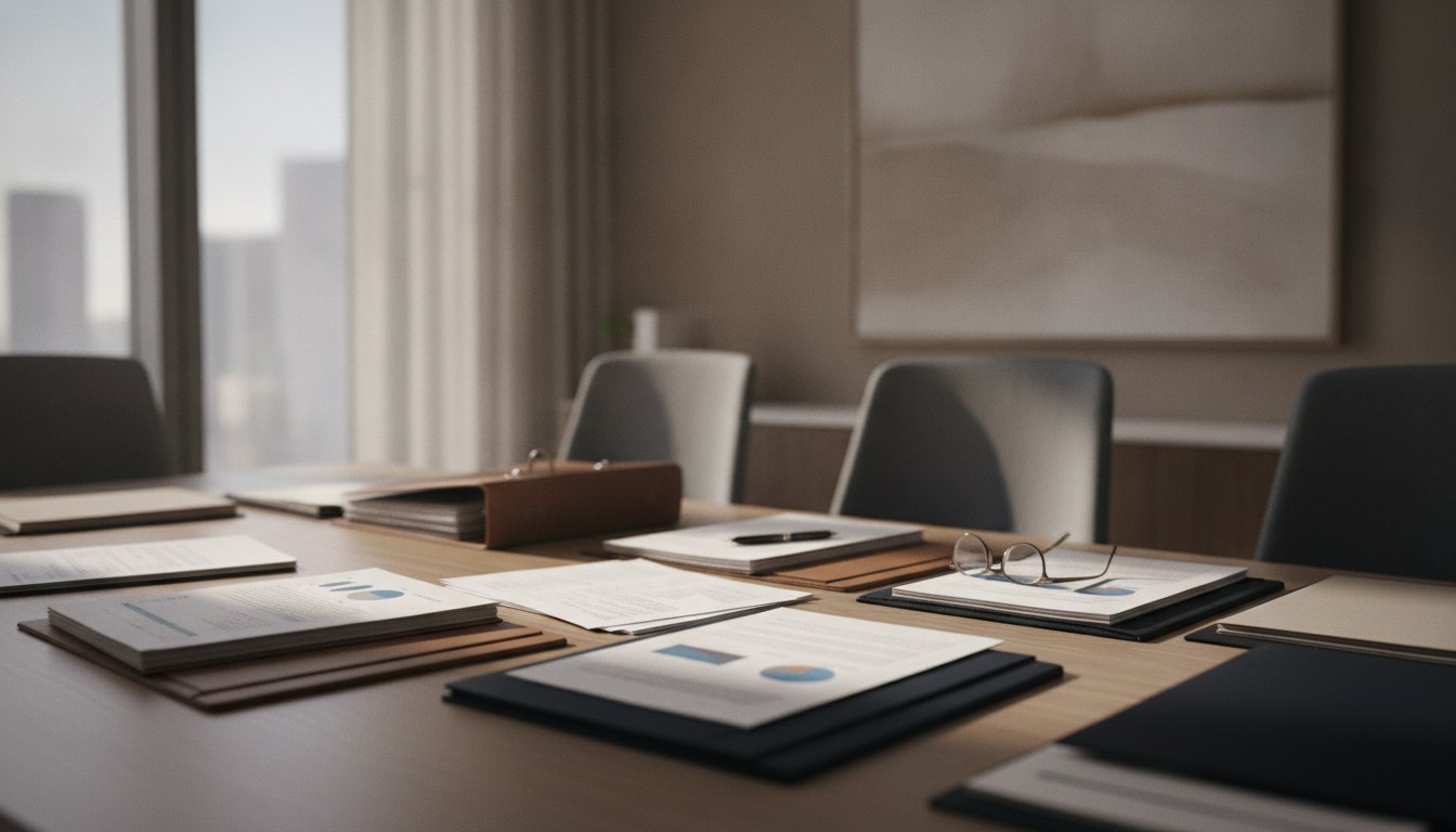 Profissionais reunidos em uma sala de conferência analisando documentos sobre a mesa.