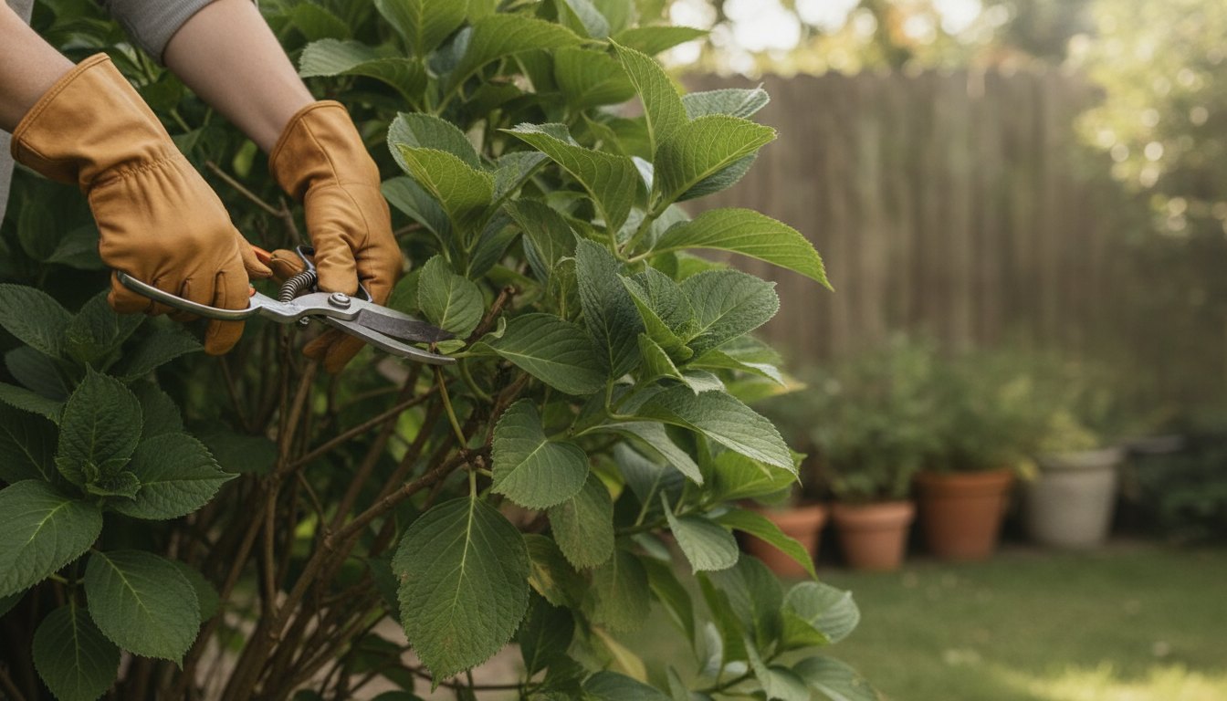 Pessoa com luvas de jardinagem podando um arbusto com tesoura apropriada em um quintal.