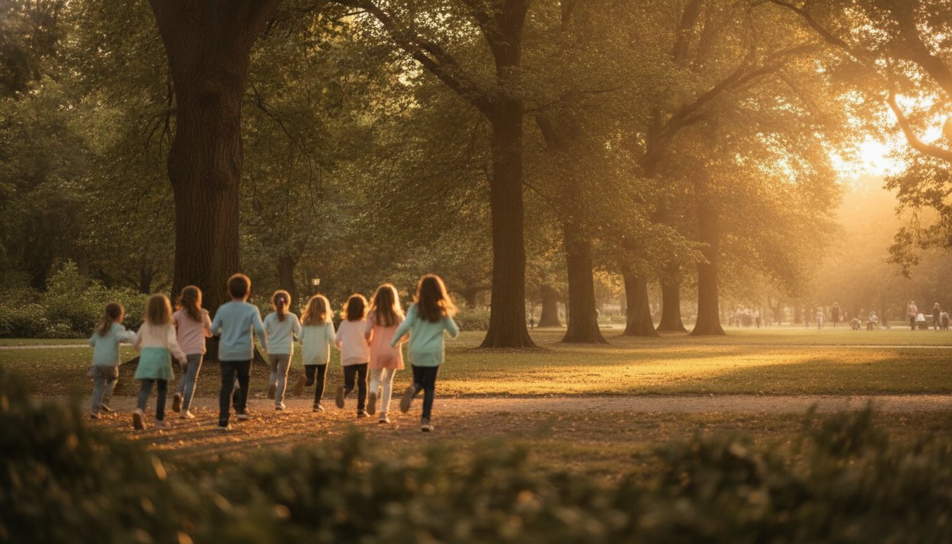 Meninos e meninas correndo em um parque arborizado durante o entardecer com roupas casuais coloridas.