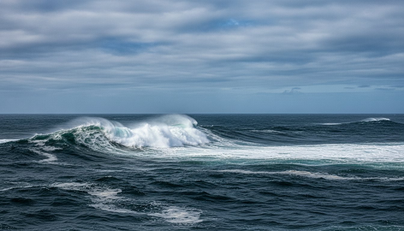 Ondas quebrando no oceano escuro sob um céu nublado com tons de azul e cinza.