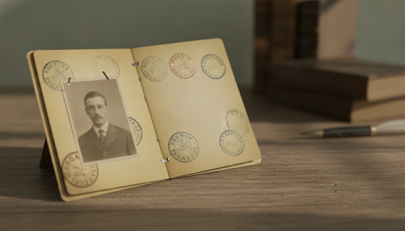 Antigo documento de viagem aberto com carimbos desbotados e fotografia em preto e branco anexada.