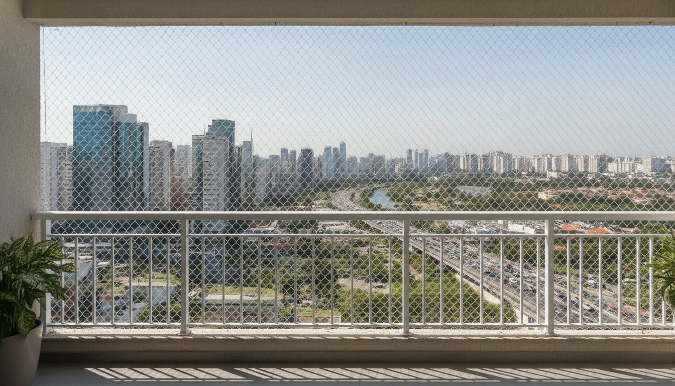 Rede de proteção instalada em varanda de apartamento com vista para a cidade durante o dia.