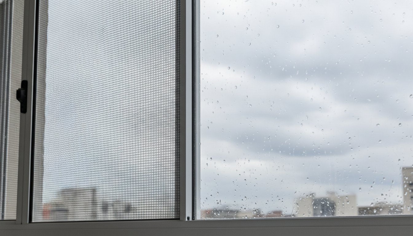 Janela de apartamento com tela de segurança instalada sob céu nublado e gotas de chuva.
