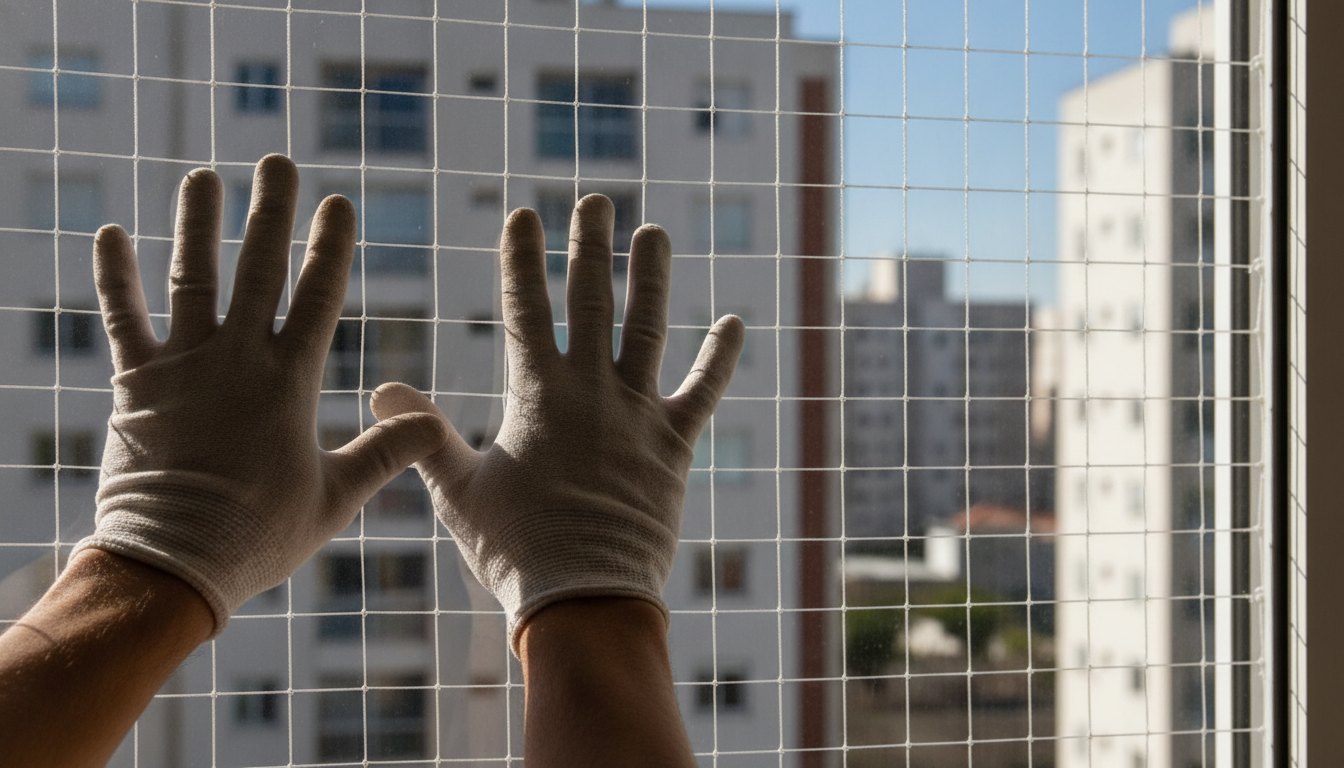 Mãos segurando uma trama de rede de proteção instalada em uma janela de apartamento.