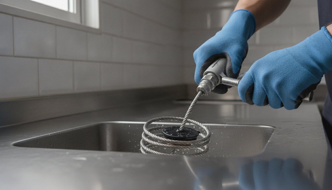 Profissional com luvas manuseando uma sonda rotativa em um ralo de pia de cozinha.