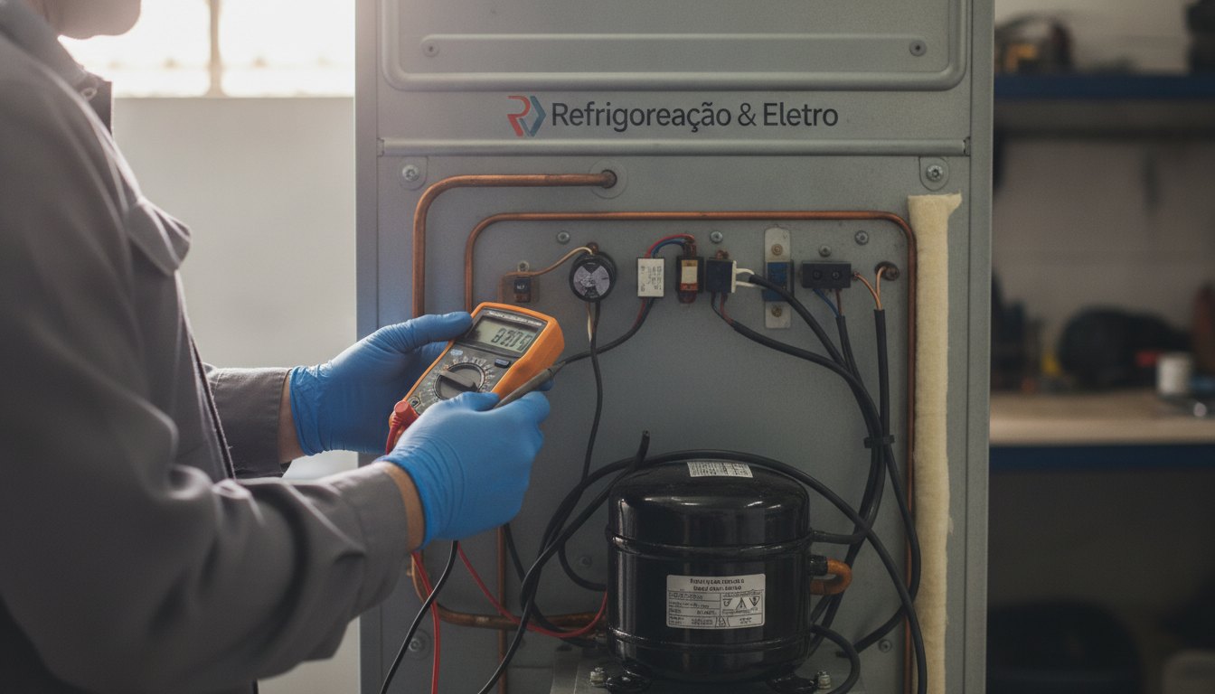 Profissional com luvas utilizando multímetro para testar os componentes elétricos no painel traseiro do refrigerador.
