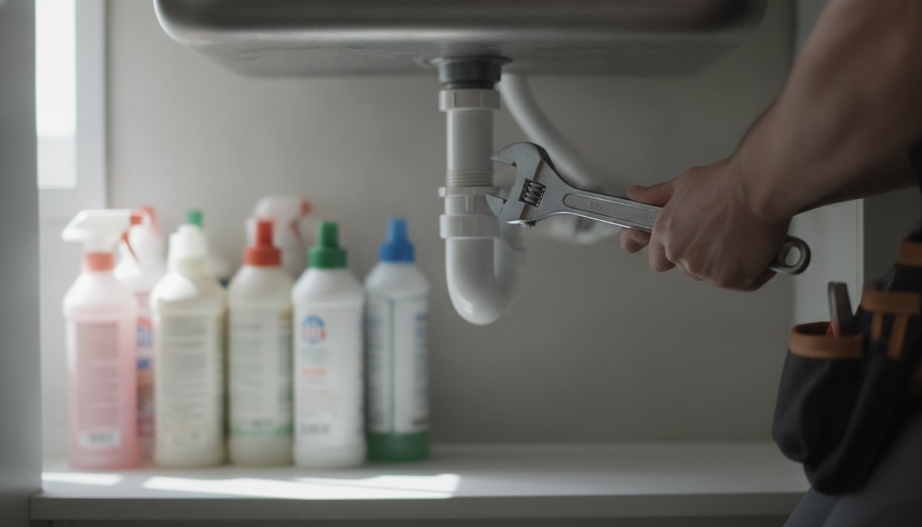Profissional ajustando uma tubulação de PVC sob a pia da cozinha com uma chave inglesa.