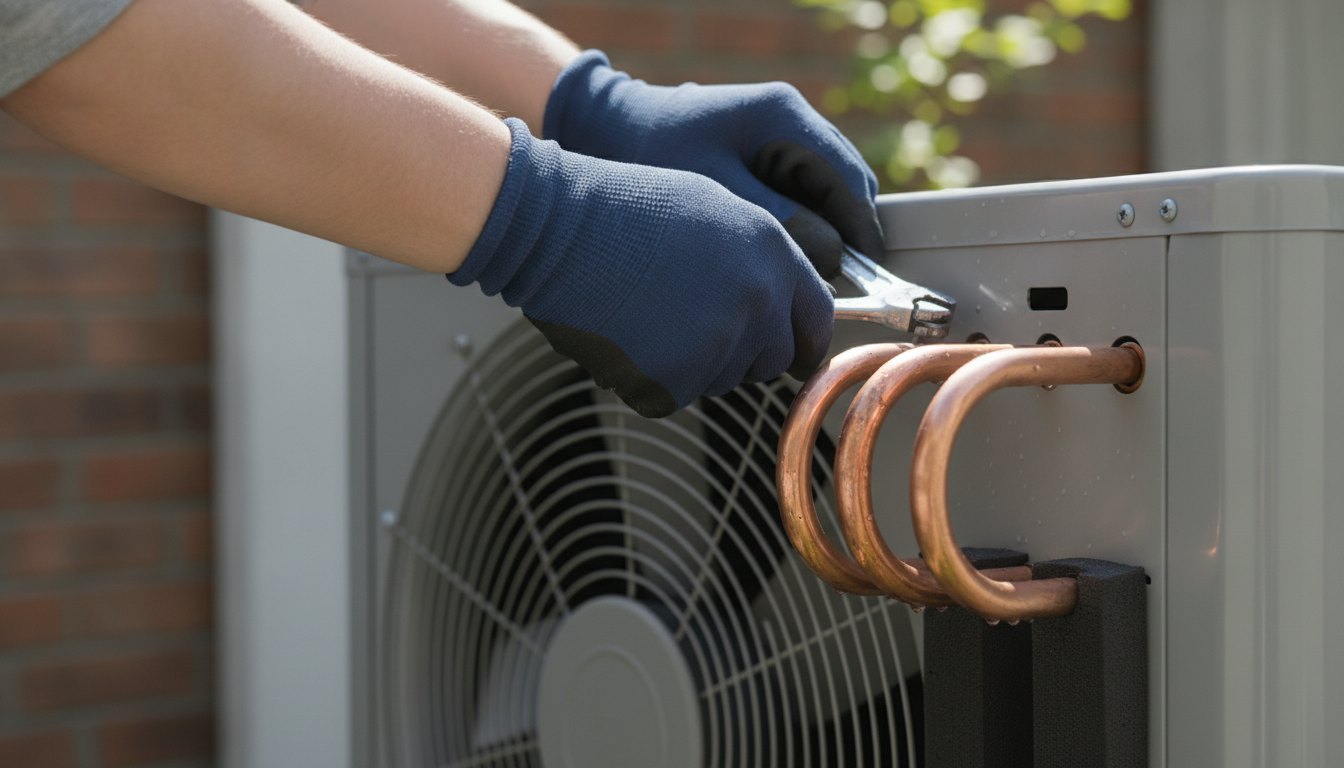 Técnico de luvas ajustando as tubulações de cobre na unidade externa de um aparelho split.