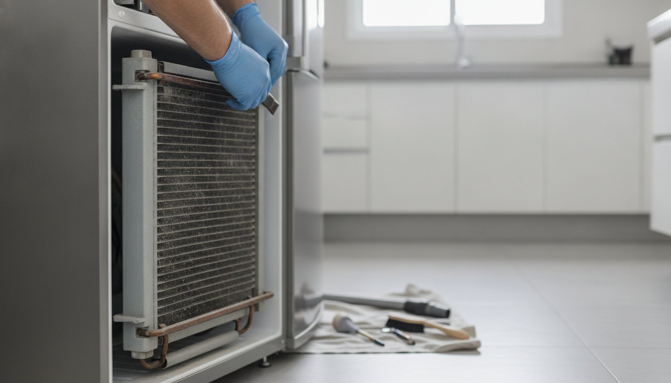 Técnico com luvas inspecionando o condensador traseiro de uma geladeira metálica em um ambiente residencial.