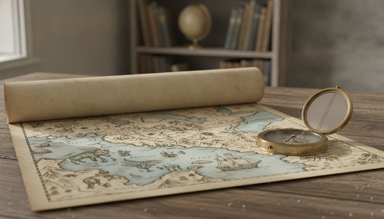 Mapa antigo desenhado em pergaminho sobre uma mesa de madeira ao lado de um compasso.