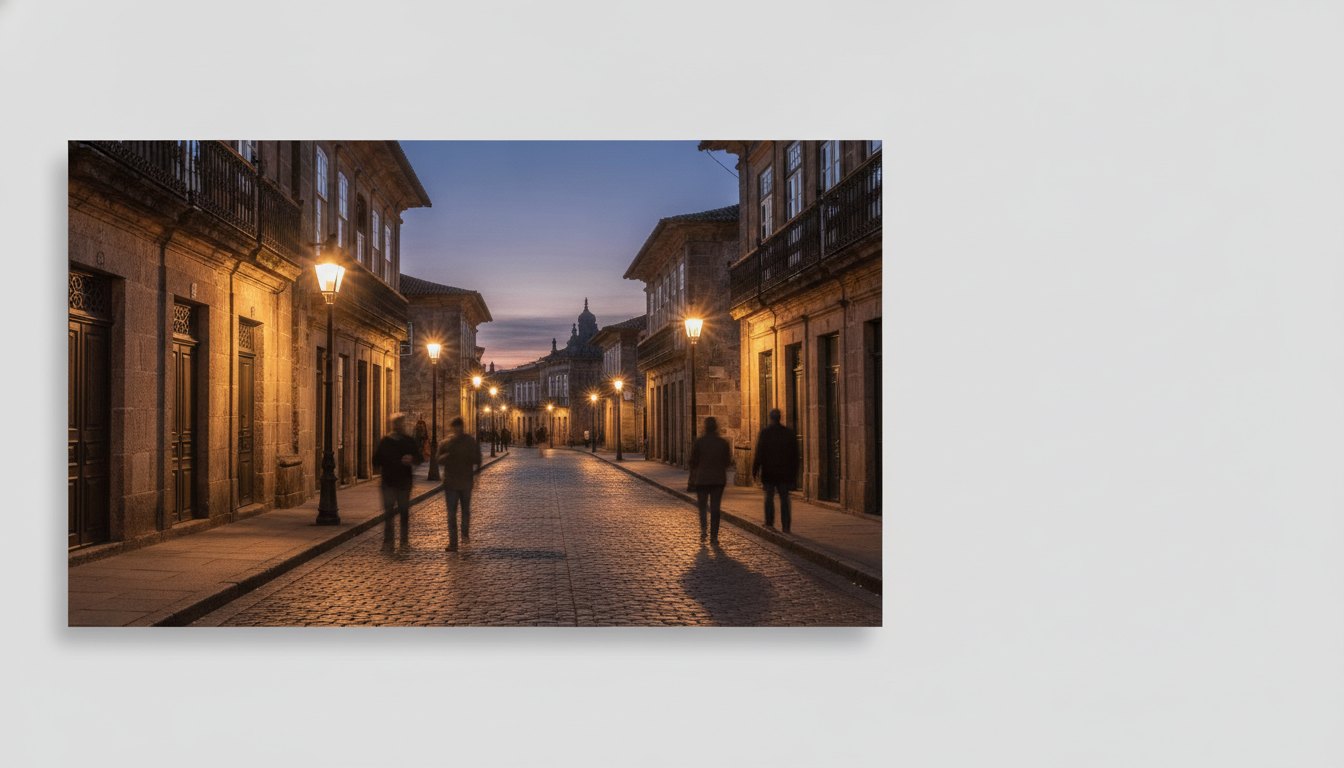 Rua antiga de paralelepípedos iluminada por lampião a gás com pedestres caminhando ao anoitecer.