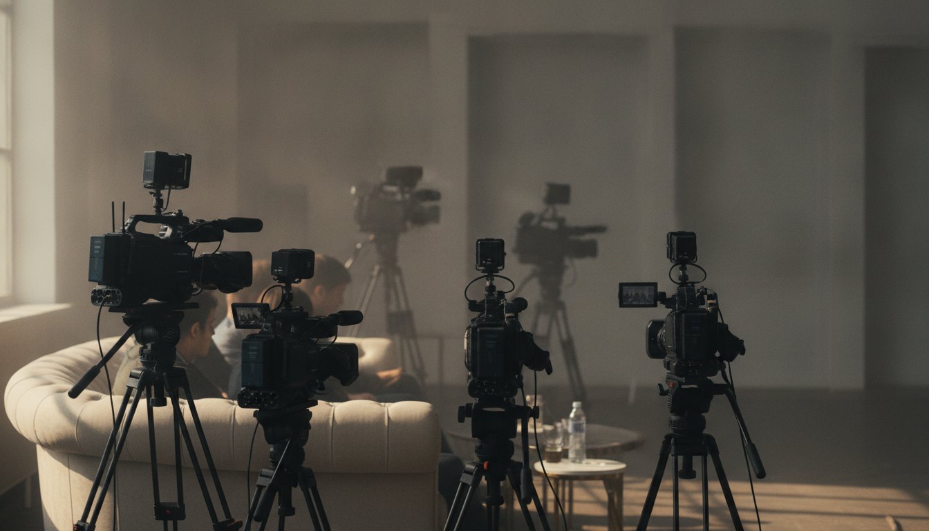 Pessoas sentadas em um sofá iluminado enquanto diversas câmeras de televisão apontam para elas.