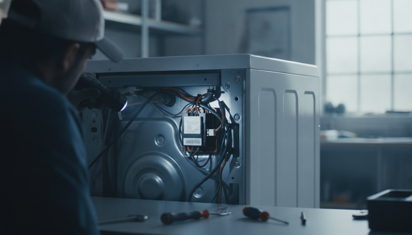 Pessoa analisando o painel traseiro de uma máquina de lavar roupa com uma lanterna na mão