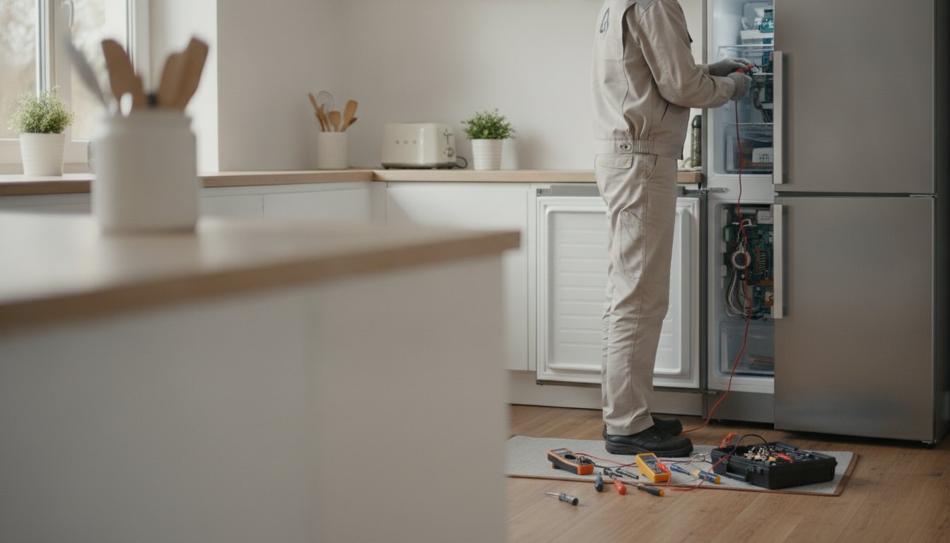Técnico com uniforme e ferramentas analisando o painel de uma geladeira em uma cozinha residencial