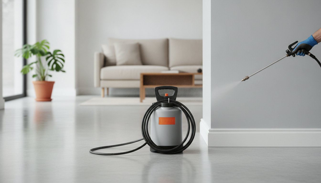 Profissional com equipamento de pulverização aplicando produto no rodapé de uma parede interna.