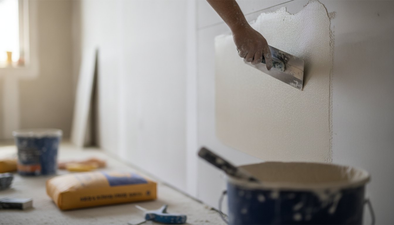 Trabalhador utilizando espátula e massa para dar acabamento em uma parede de drywall.