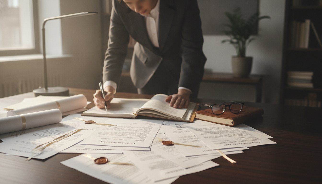 Profissional analisando documentos e contratos espalhados sobre uma mesa de escritório.