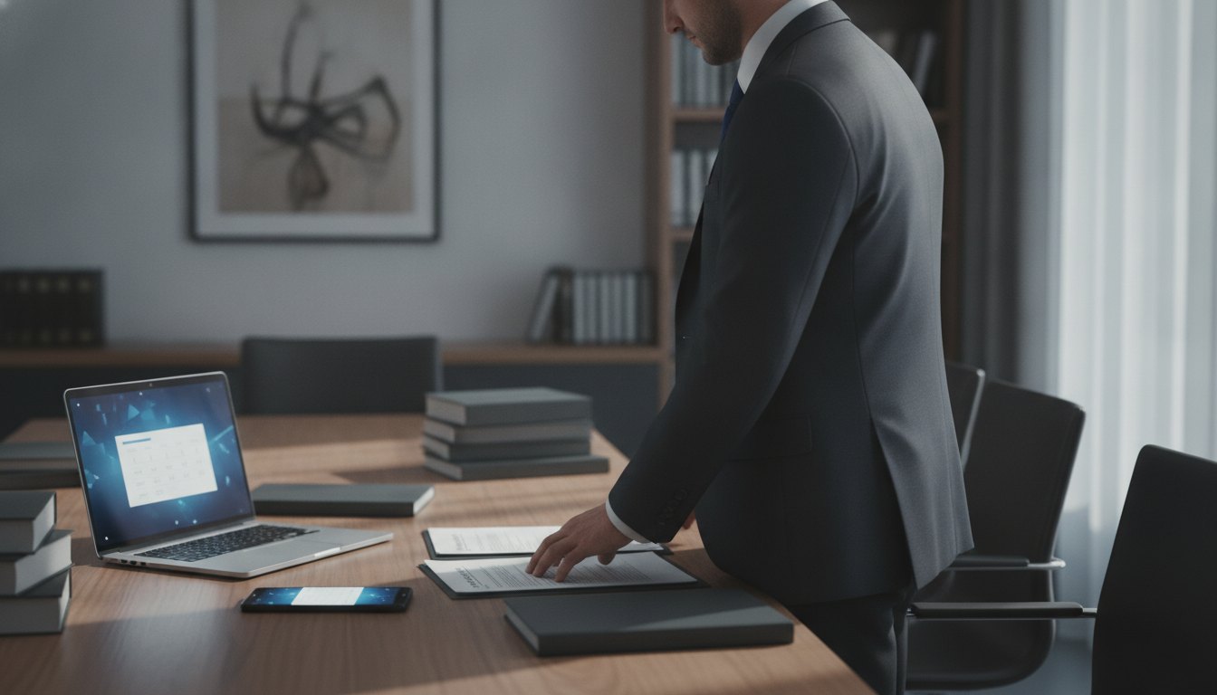 Homem de terno analisando documentos em uma mesa com notebook e smartphone iluminados.