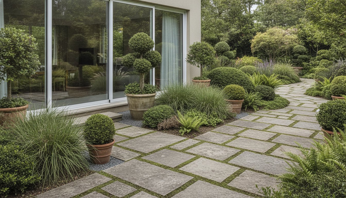 Jardim bem cuidado com porta de vidro ao fundo e piso de pedra natural.
