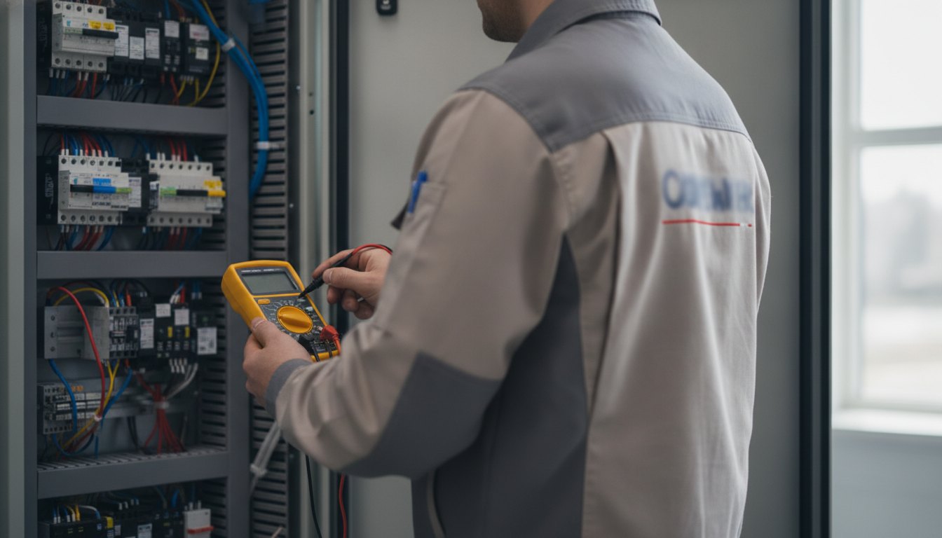 Profissional uniformizado utilizando um multímetro digital para medir a corrente elétrica no painel de um equipamento.