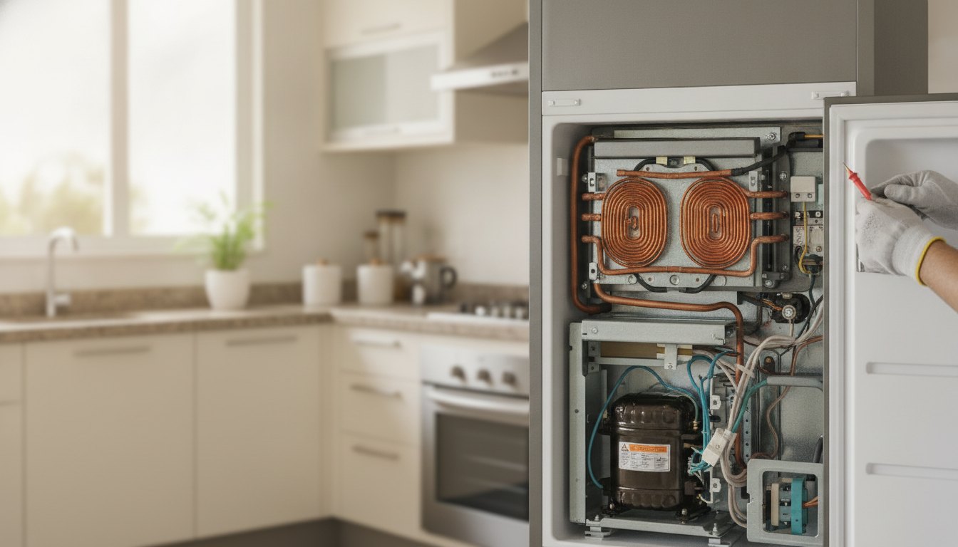 Técnico com luvas avaliando a parte traseira de um refrigerador aberto em uma cozinha bem iluminada