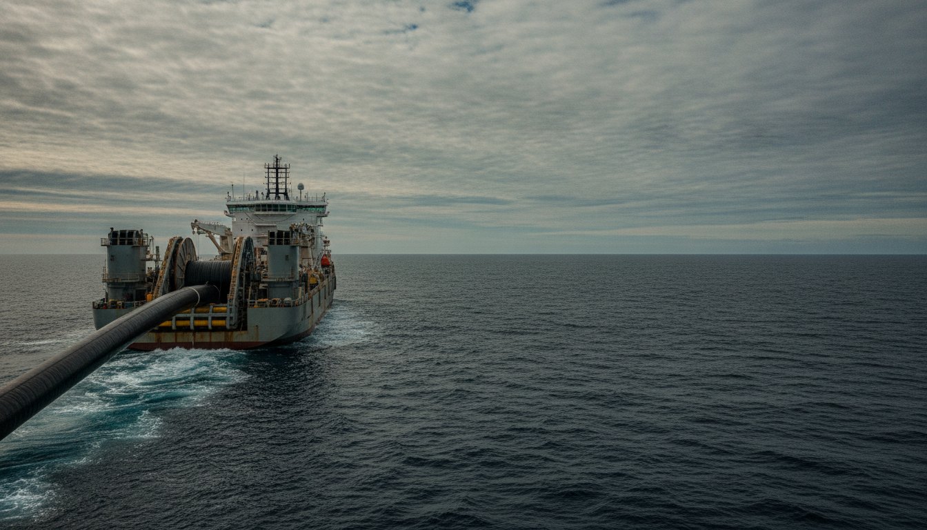 Navio especializado lançando um espesso duto de fibra óptica nas águas escuras do oceano.