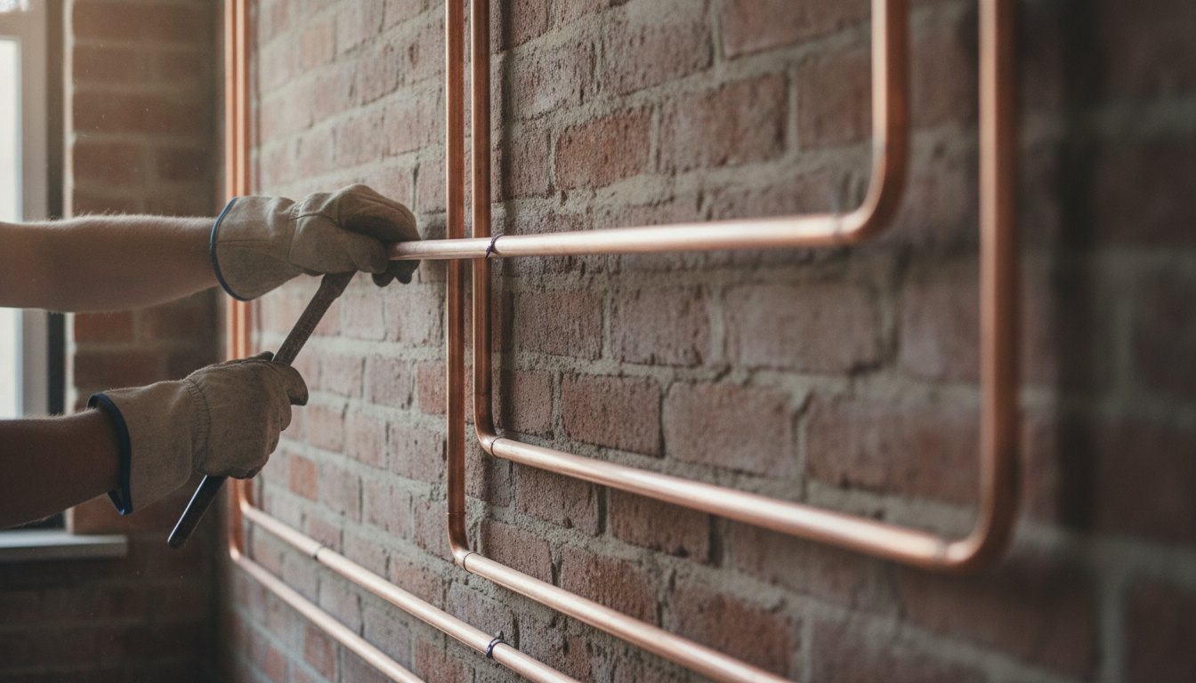 Operário com luvas manuseando tubos de cobre em uma parede de tijolos durante uma obra.