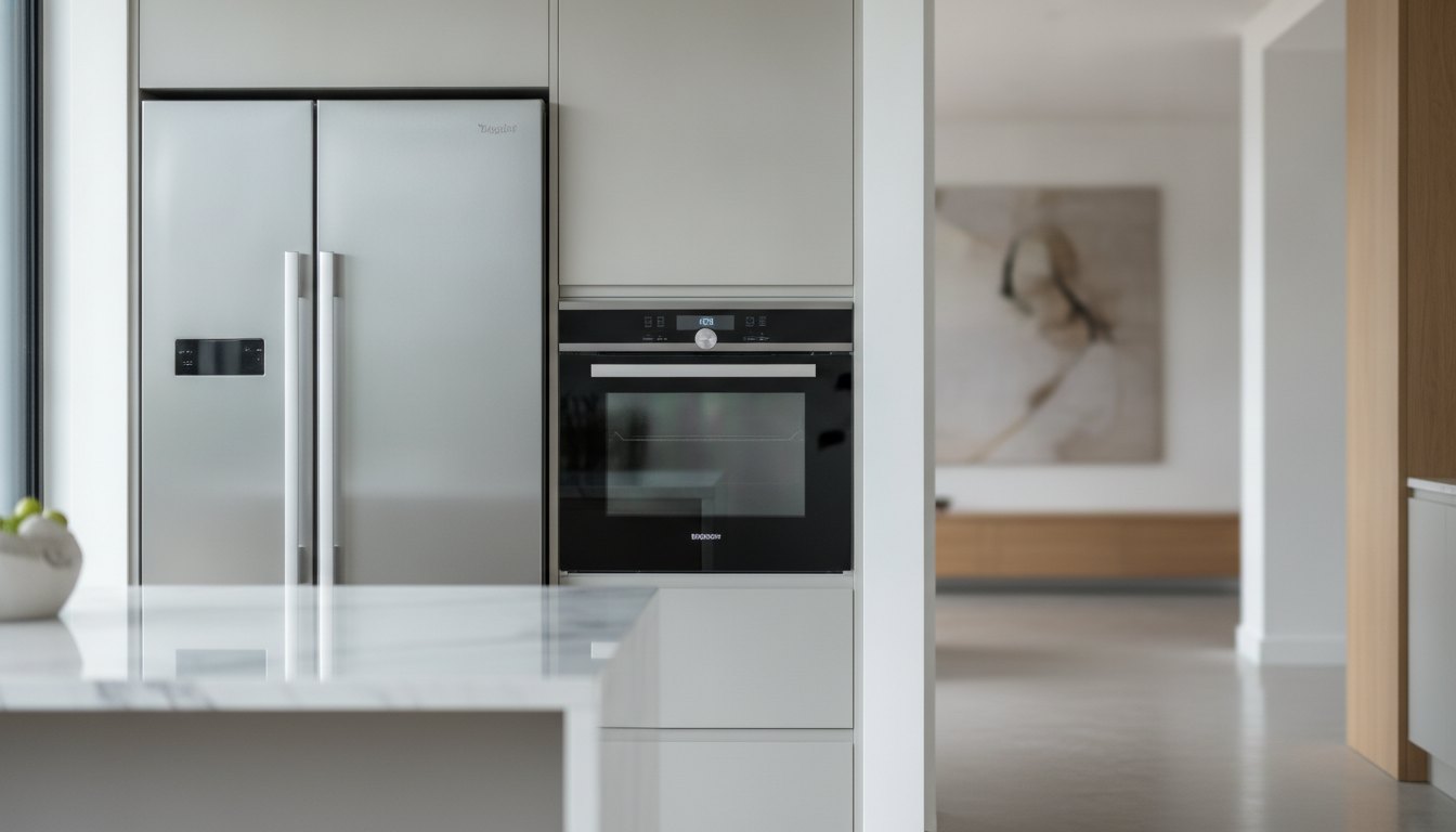 Cozinha integrada com geladeira de inox posicionada ao lado de um forno elétrico embutido.