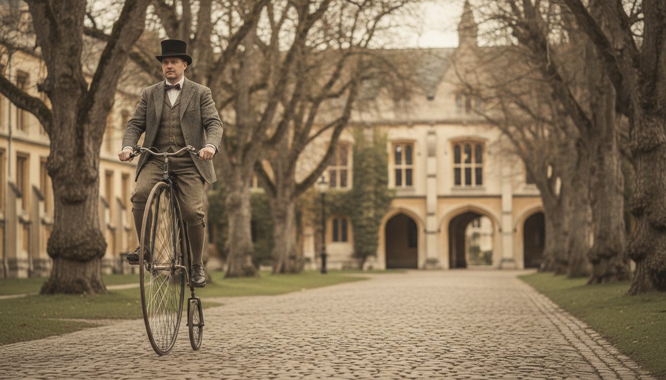 Homem vestido com roupas de época andando em uma bicicleta antiga de roda dianteira grande.