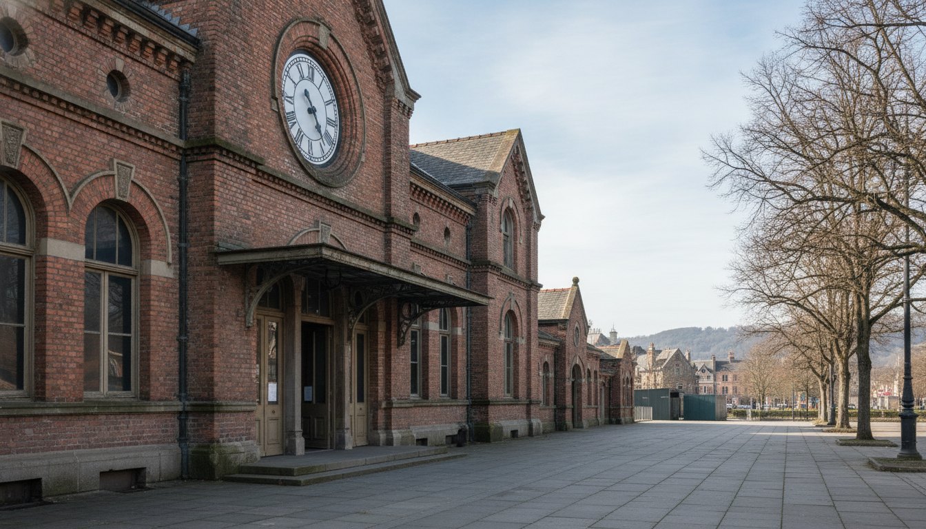 Antiga estação de trem com um grande relógio analógico na fachada principal de tijolos.