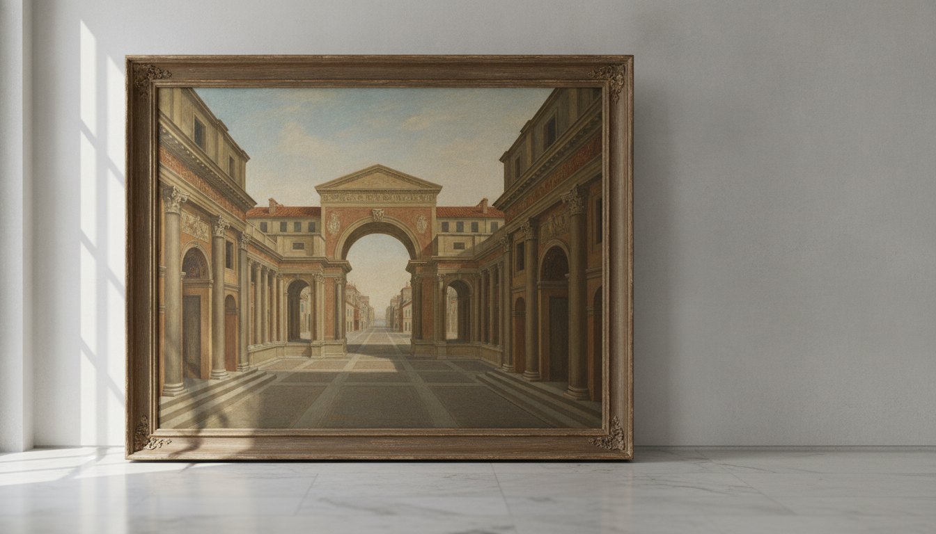 Pintura clássica exibindo um cenário arquitetônico com linhas convergentes para um ponto central no horizonte.