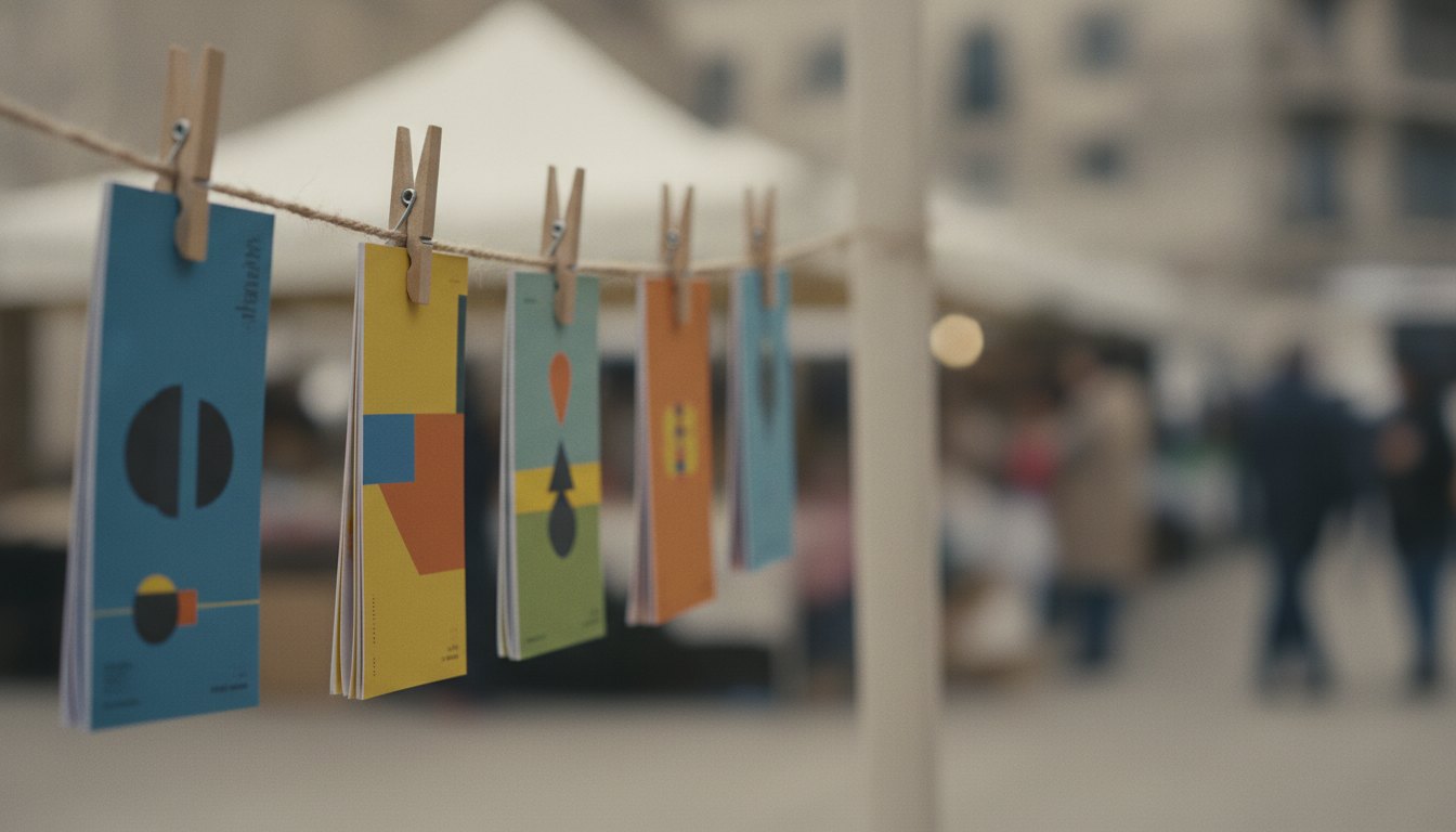 Vários folhetos coloridos pendurados por prendedores de roupa em um barbante esticado na feira livre.
