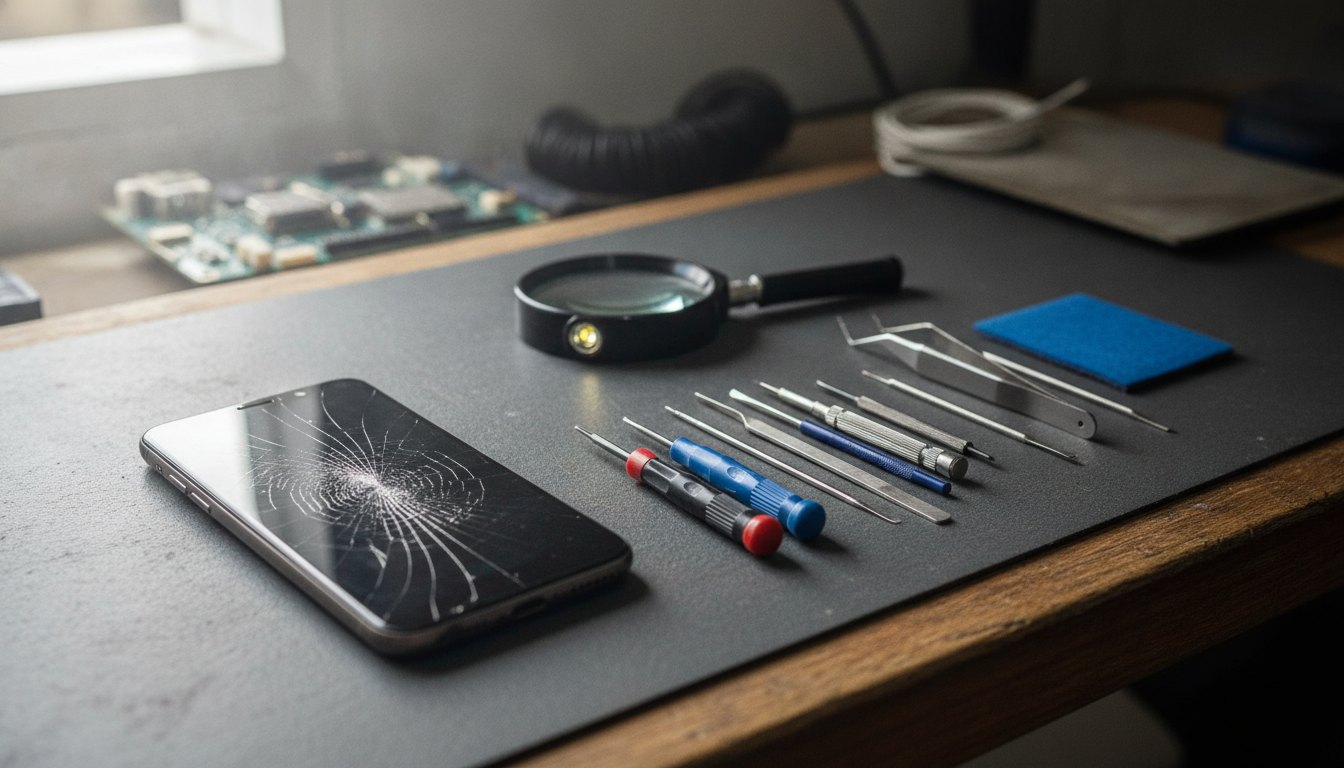 Tela trincada de um smartphone sobre uma bancada de manutenção com ferramentas de precisão ao lado.