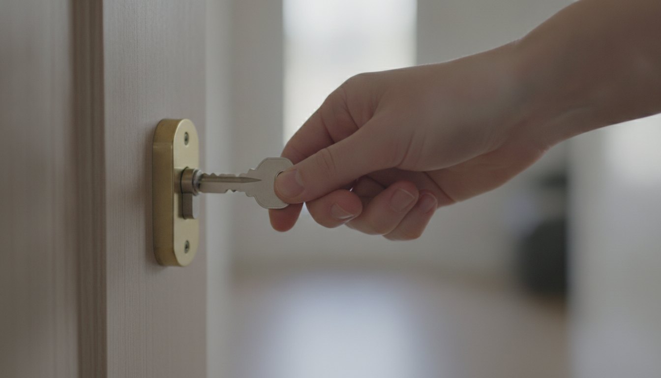Mão inserindo uma chave metálica no tambor de uma fechadura em porta de madeira clara.
