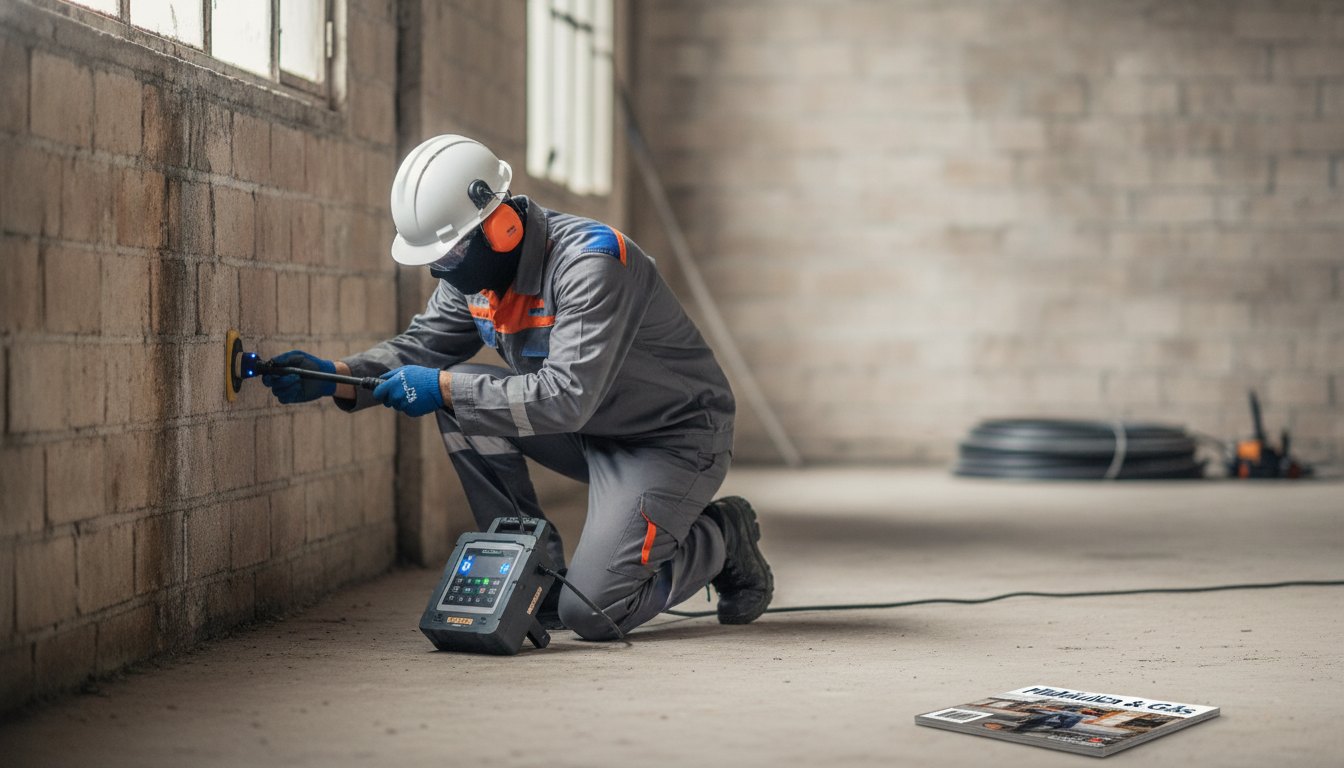 Profissional com uniforme técnico utilizando um aparelho detector de vazamentos em uma parede de alvenaria.