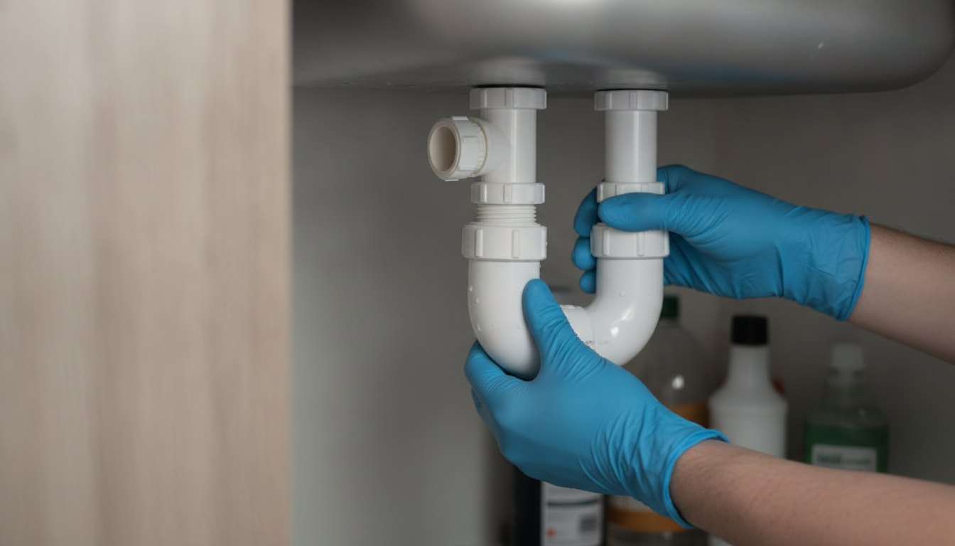 Profissional com luvas de proteção ajustando as conexões de PVC de um sifão sob a pia.