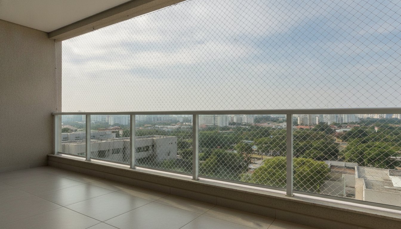 Varanda de apartamento com guarda-corpo de vidro e rede de segurança instalada