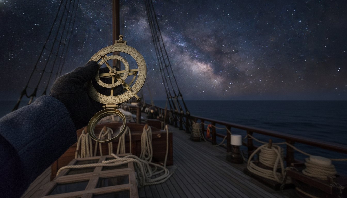 Marinheiro segurando um astrolábio de metal sob o céu noturno estrelado no convés do navio.