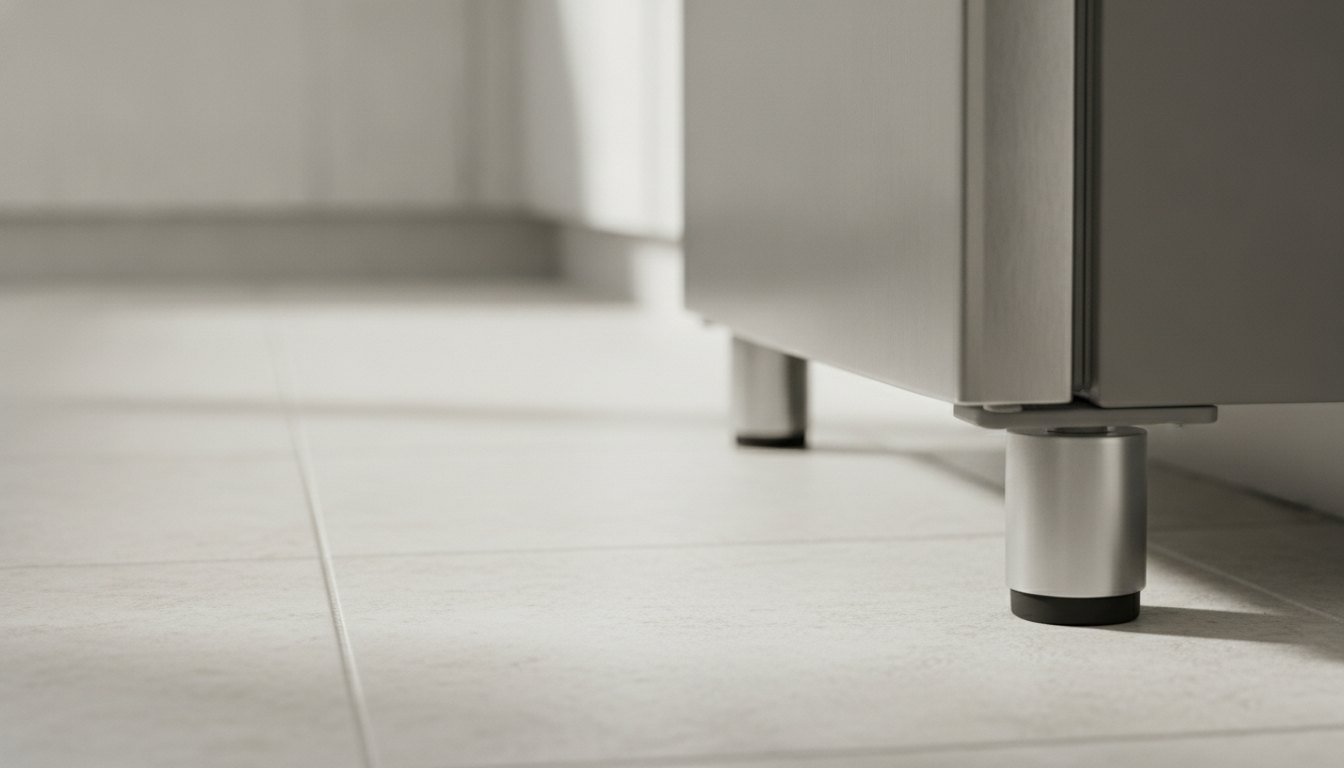 Pés frontais ajustáveis de uma geladeira metálica apoiados sobre um piso de cerâmica clara.